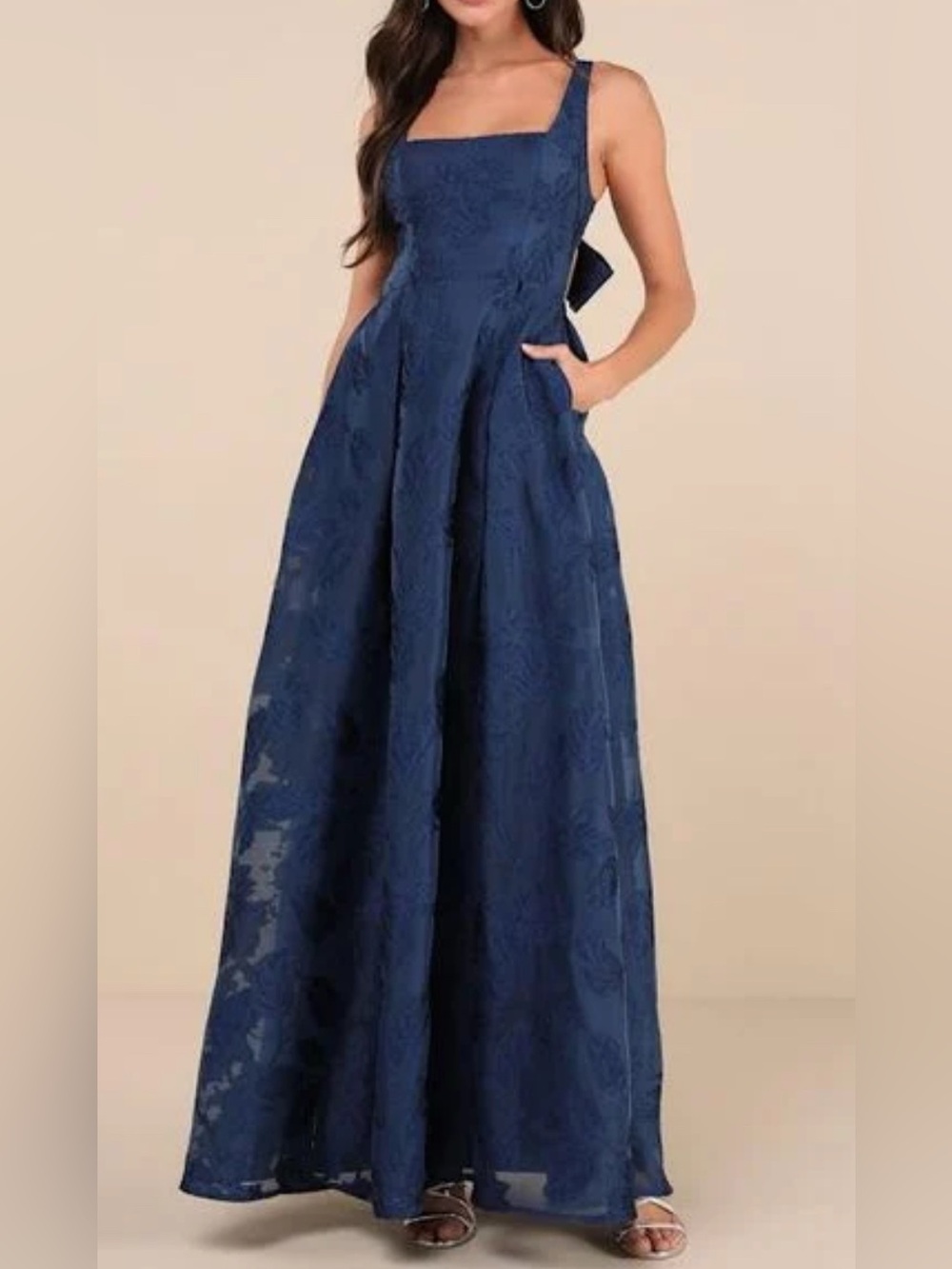 Lulu's Navy Blue Square-Neck Floral Lace Maxi Dress